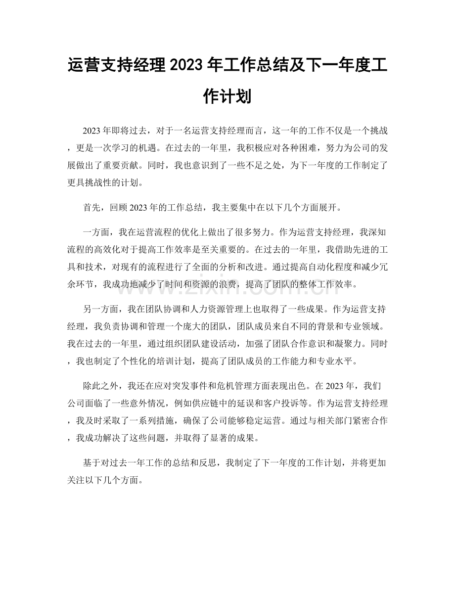 运营支持经理2023年工作总结及下一年度工作计划.docx_第1页