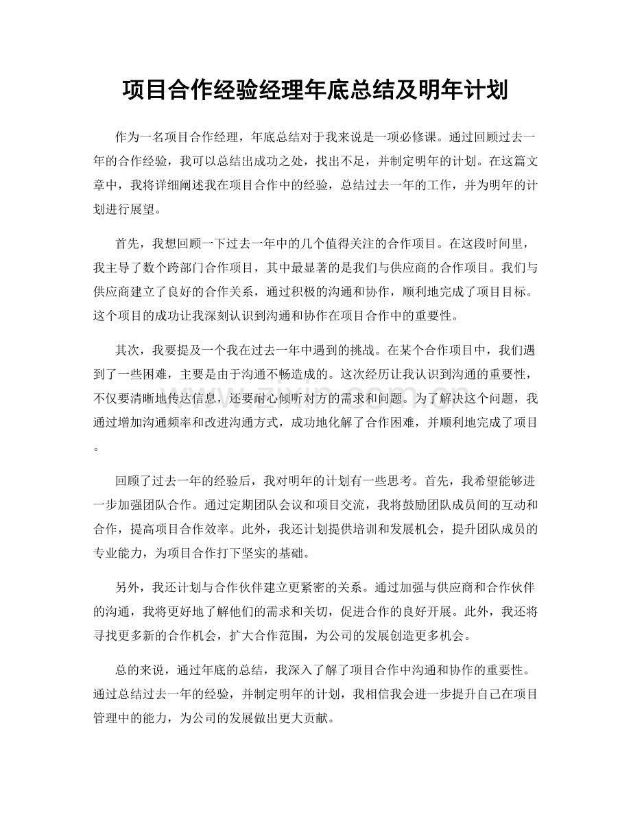 项目合作经验经理年底总结及明年计划.docx_第1页