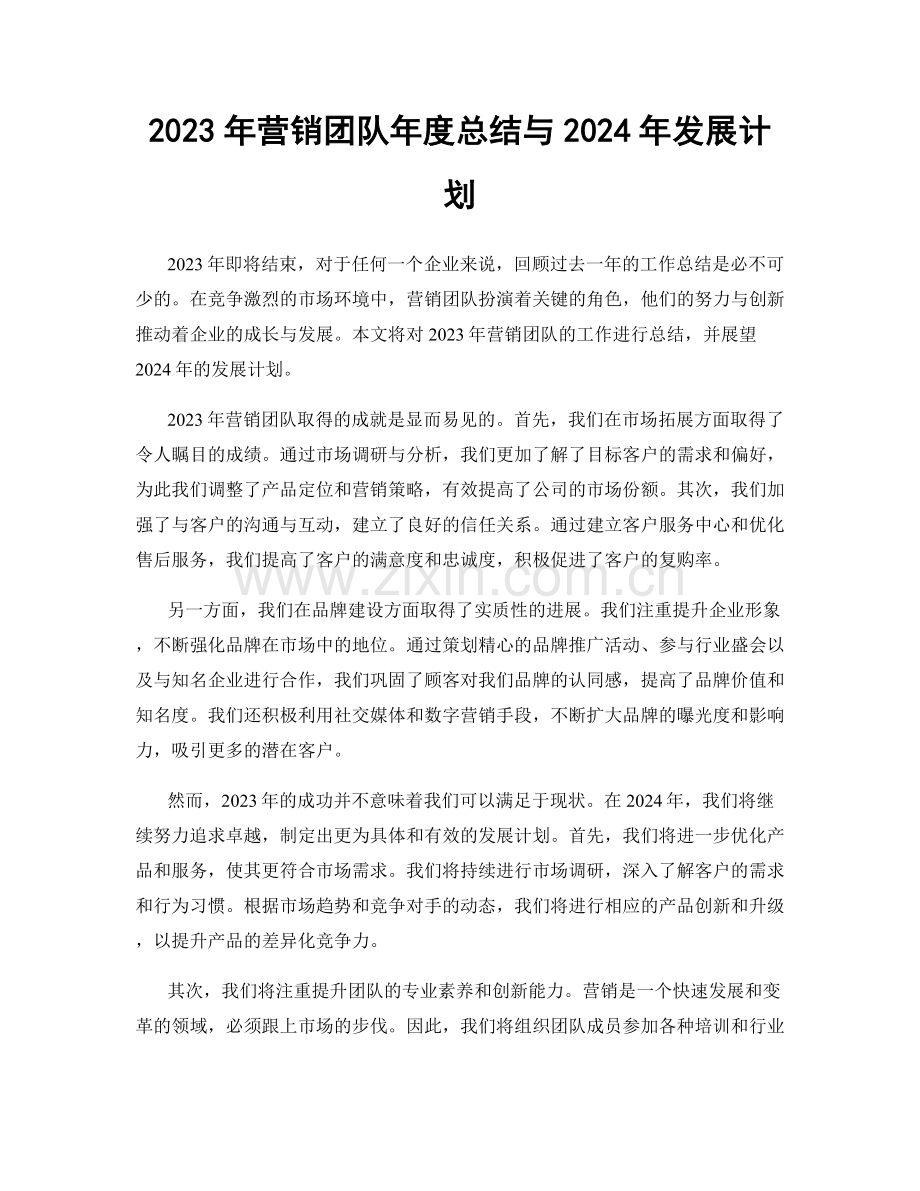 2023年营销团队年度总结与2024年发展计划.docx_第1页