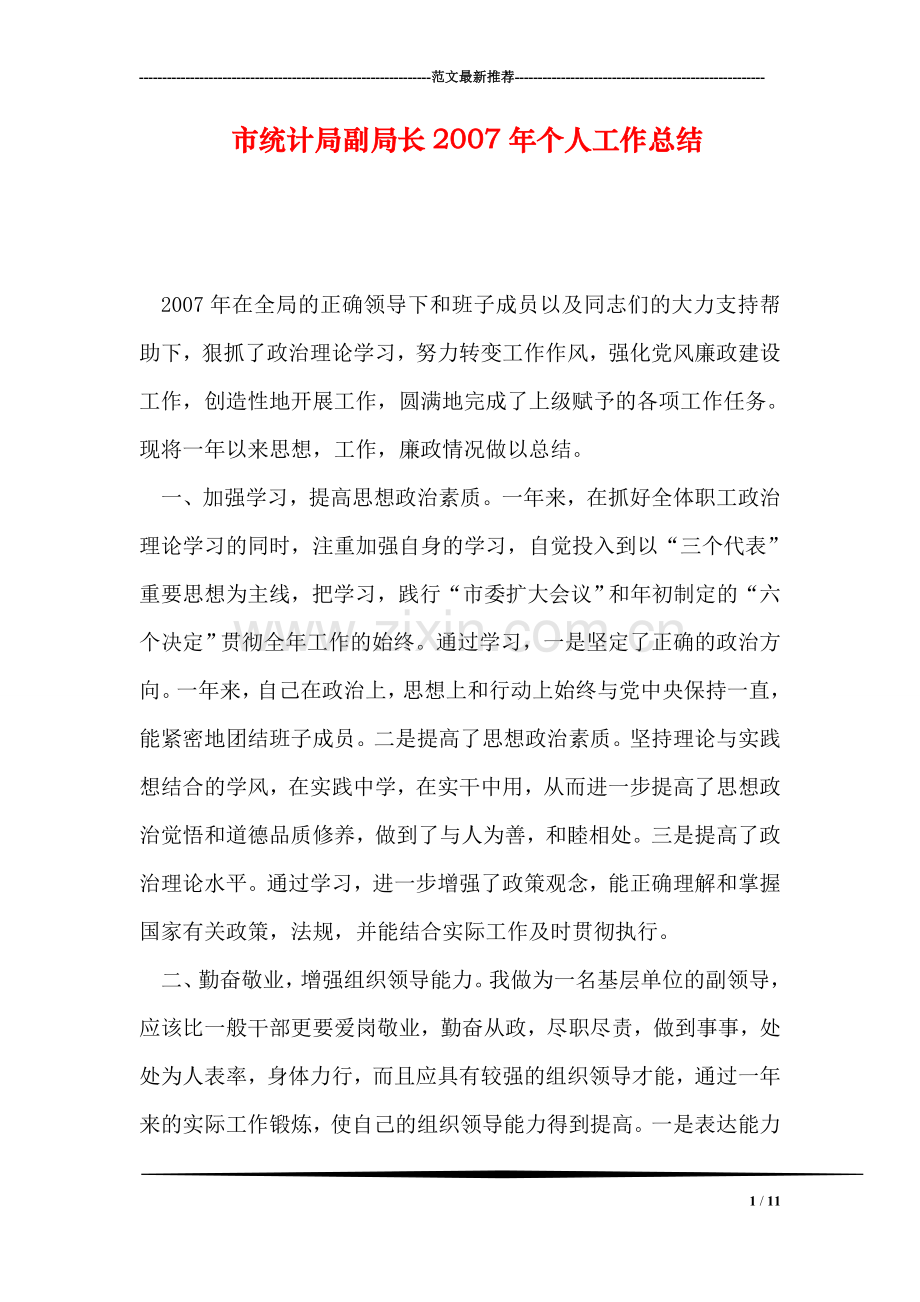 市统计局副局长2007年个人工作总结.doc_第1页