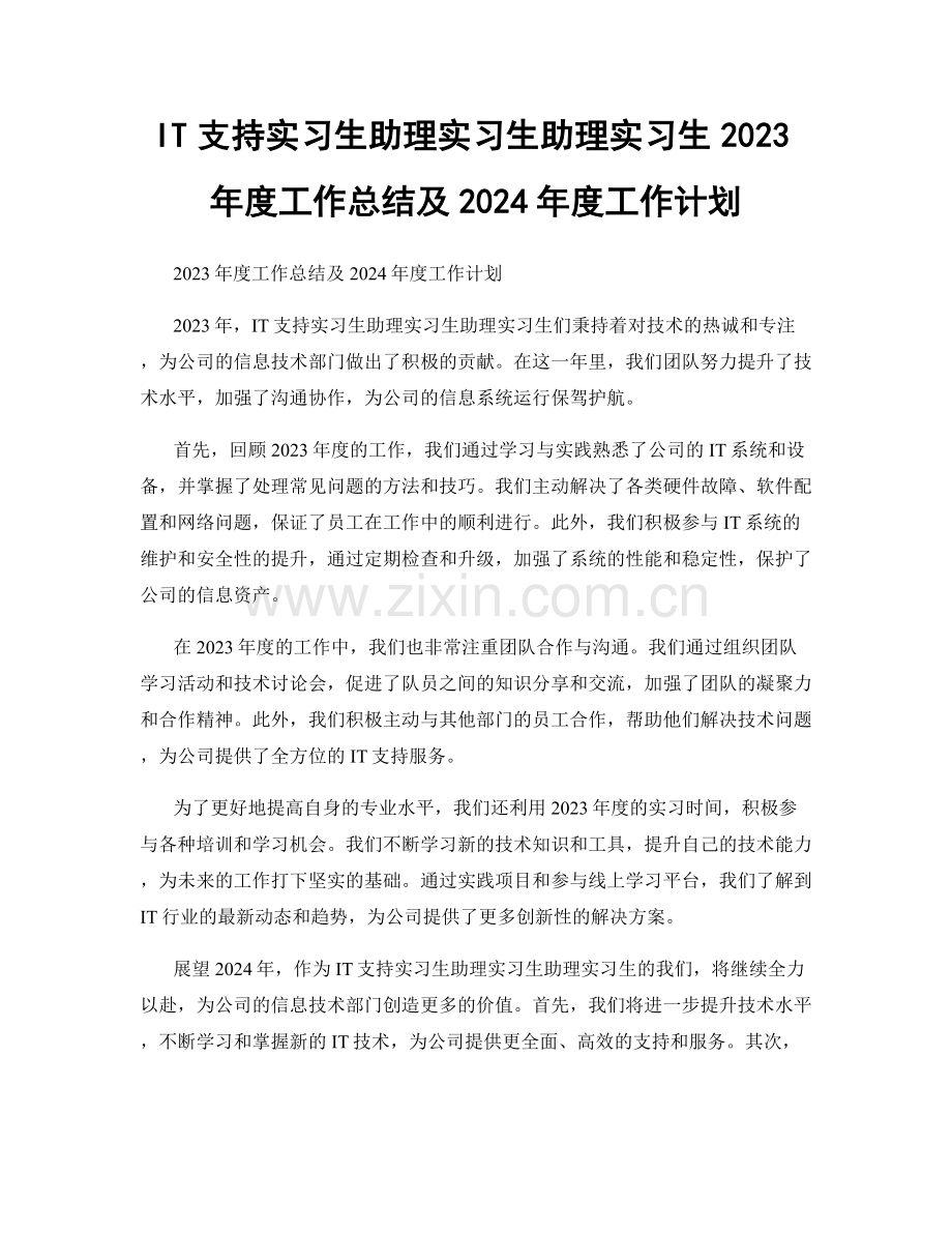 IT支持实习生助理实习生助理实习生2023年度工作总结及2024年度工作计划.docx_第1页
