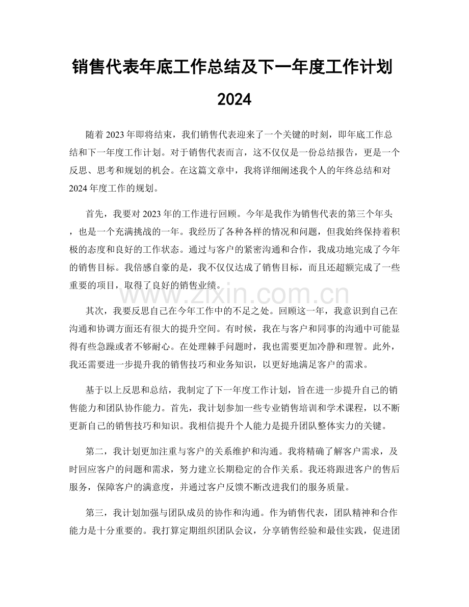 销售代表年底工作总结及下一年度工作计划2024.docx_第1页