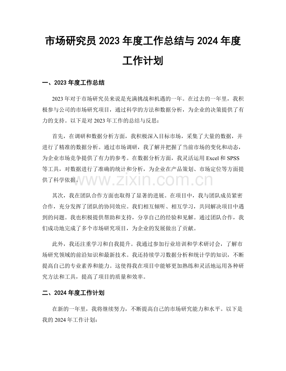 市场研究员2023年度工作总结与2024年度工作计划.docx_第1页