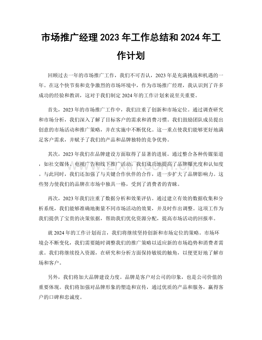 市场推广经理2023年工作总结和2024年工作计划.docx_第1页