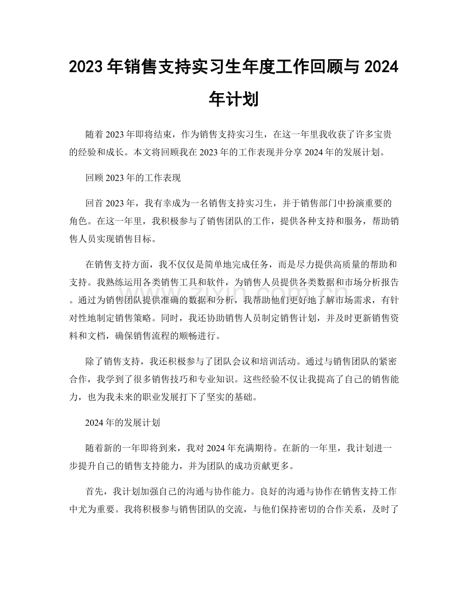 2023年销售支持实习生年度工作回顾与2024年计划.docx_第1页