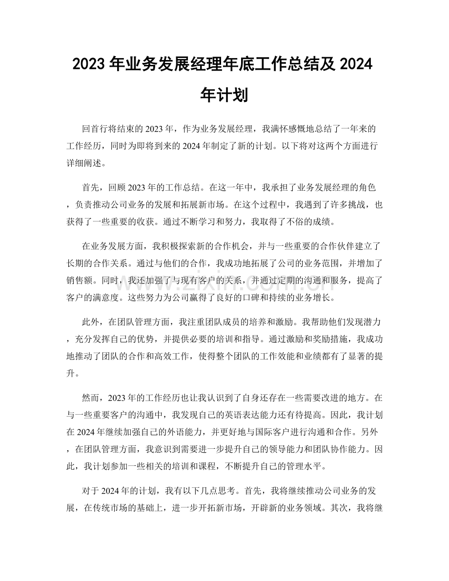 2023年业务发展经理年底工作总结及2024年计划.docx_第1页