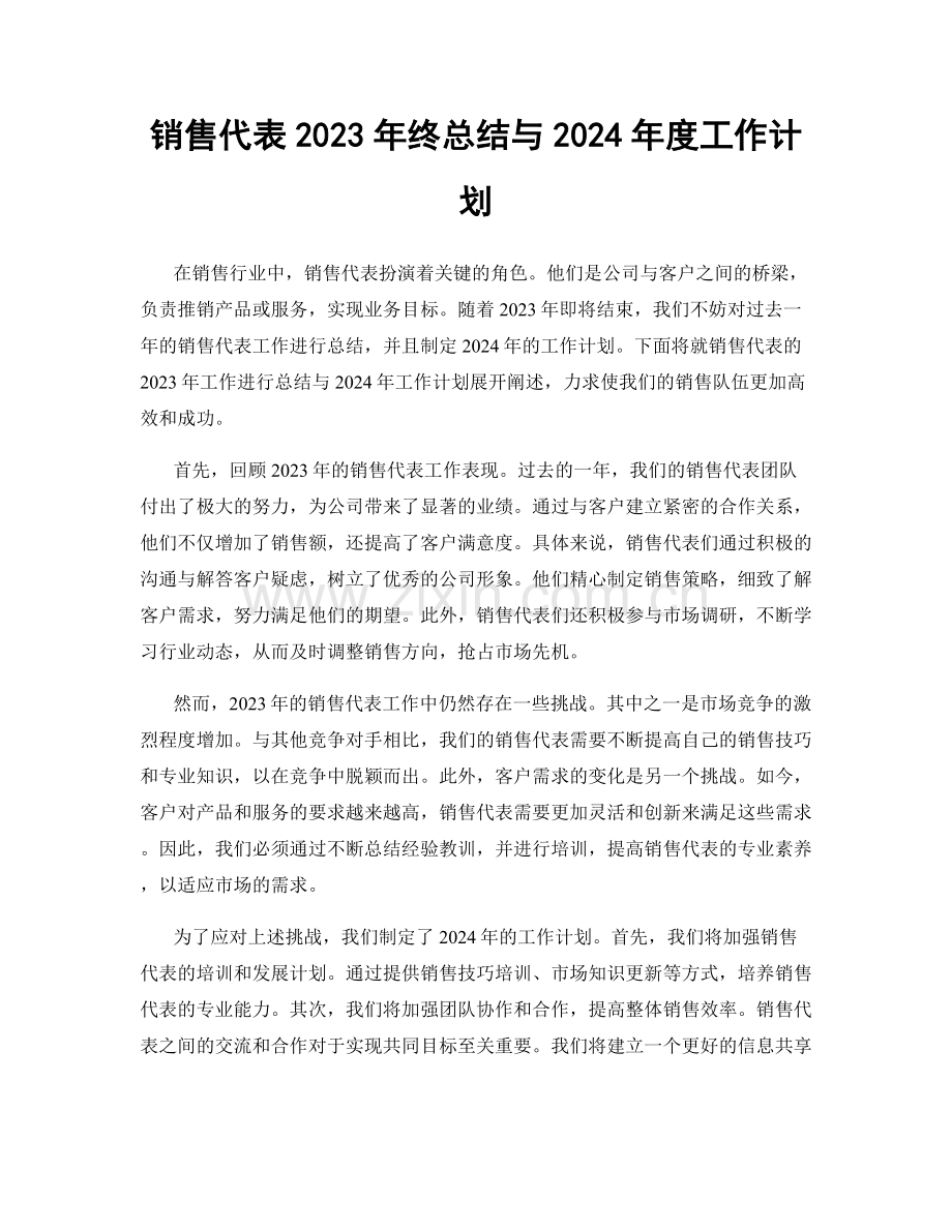 销售代表2023年终总结与2024年度工作计划.docx_第1页