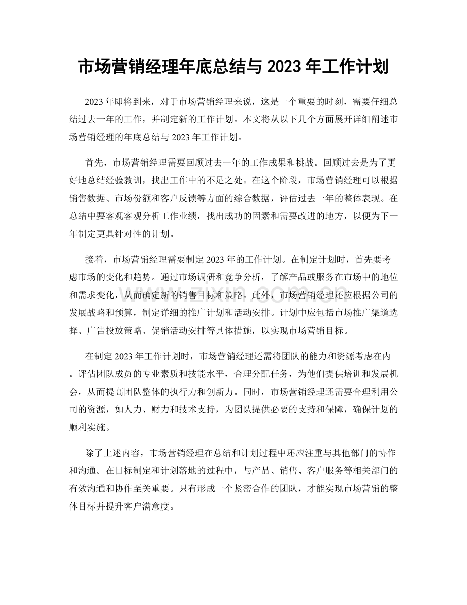市场营销经理年底总结与2023年工作计划.docx_第1页