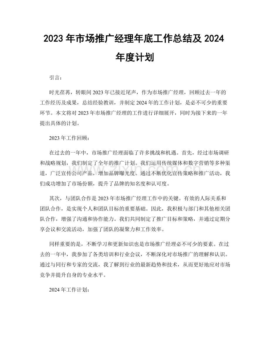 2023年市场推广经理年底工作总结及2024年度计划.docx_第1页