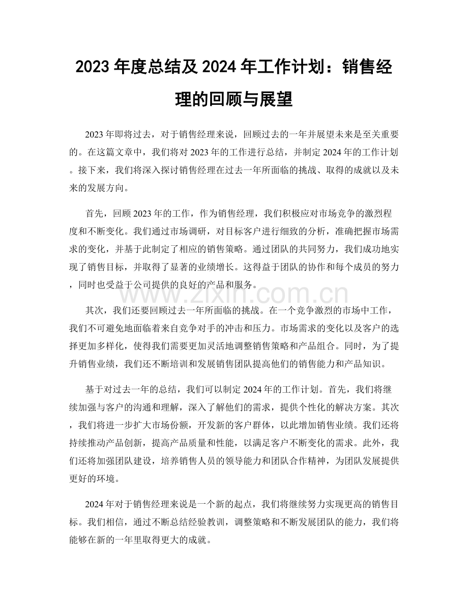 2023年度总结及2024年工作计划：销售经理的回顾与展望.docx_第1页