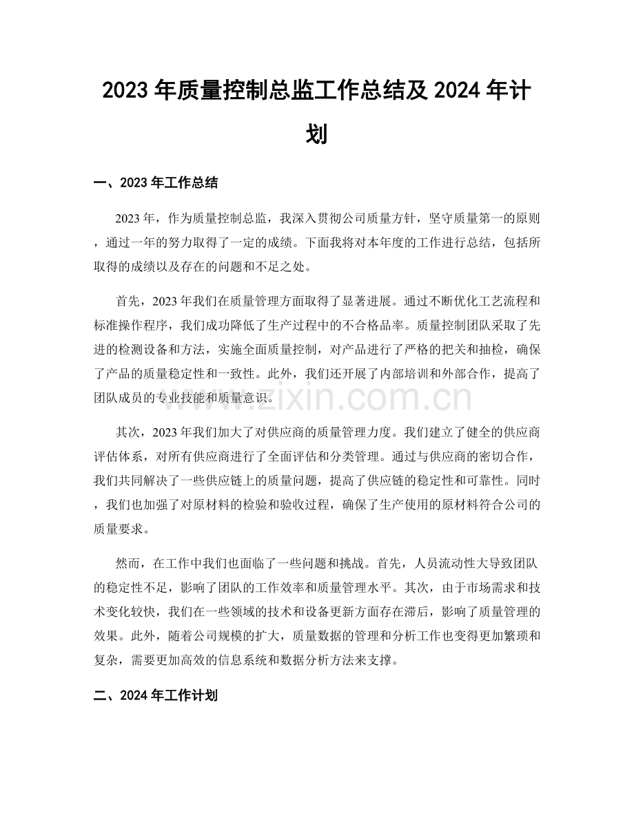 2023年质量控制总监工作总结及2024年计划.docx_第1页