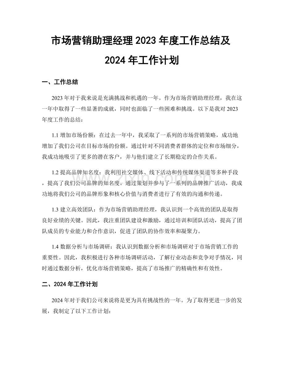 市场营销助理经理2023年度工作总结及2024年工作计划.docx_第1页