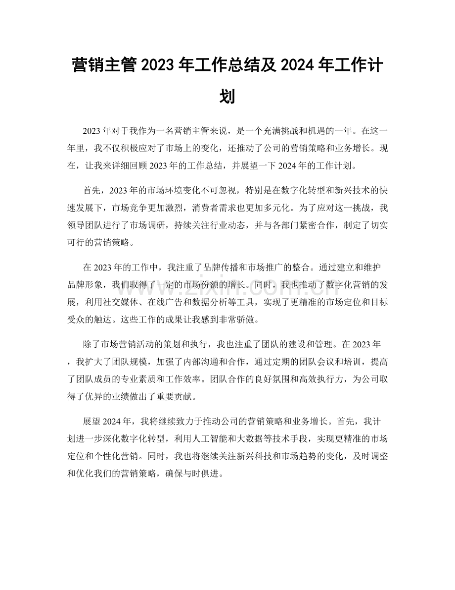 营销主管2023年工作总结及2024年工作计划.docx_第1页