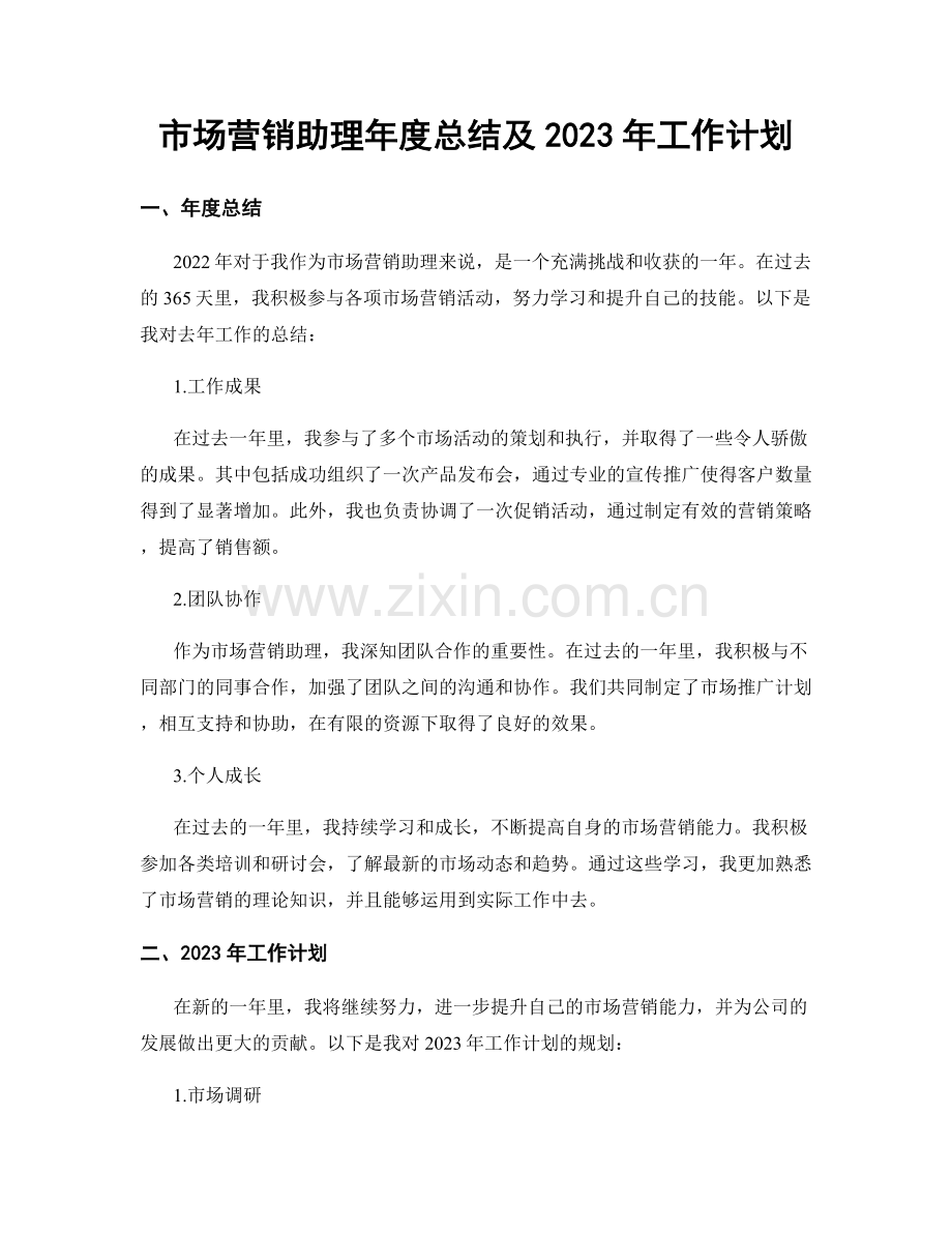 市场营销助理年度总结及2023年工作计划.docx_第1页