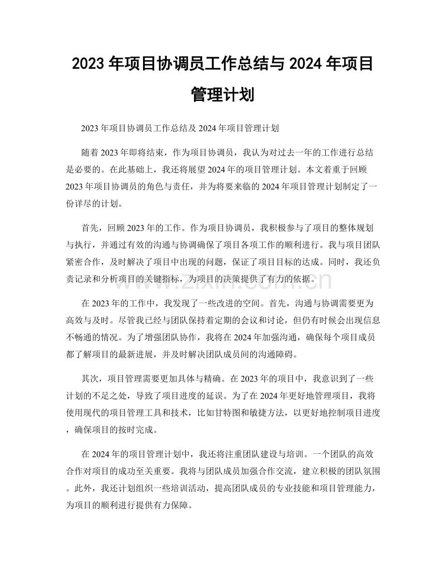 2023年项目协调员工作总结与2024年项目管理计划.docx_第1页