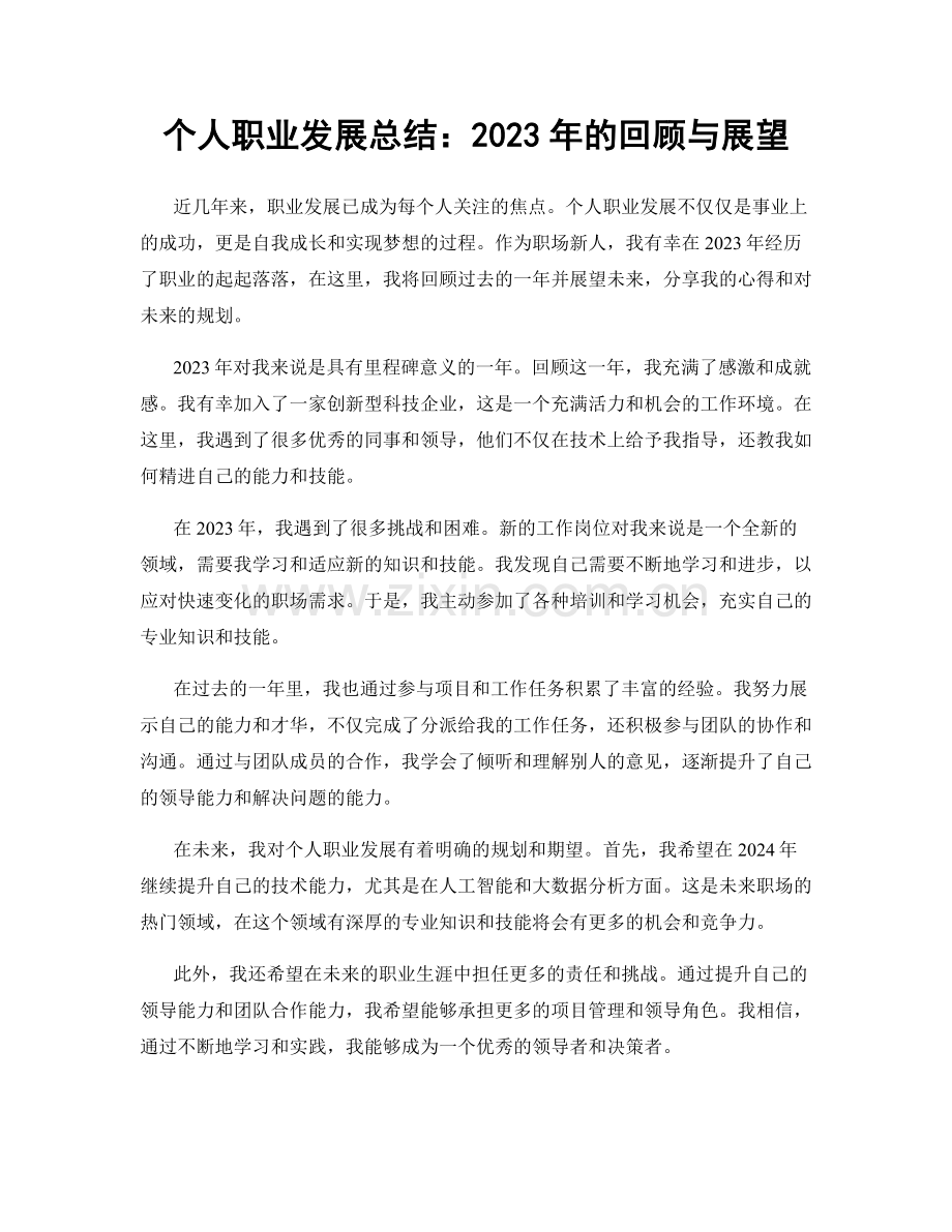 个人职业发展总结：2023年的回顾与展望.docx_第1页