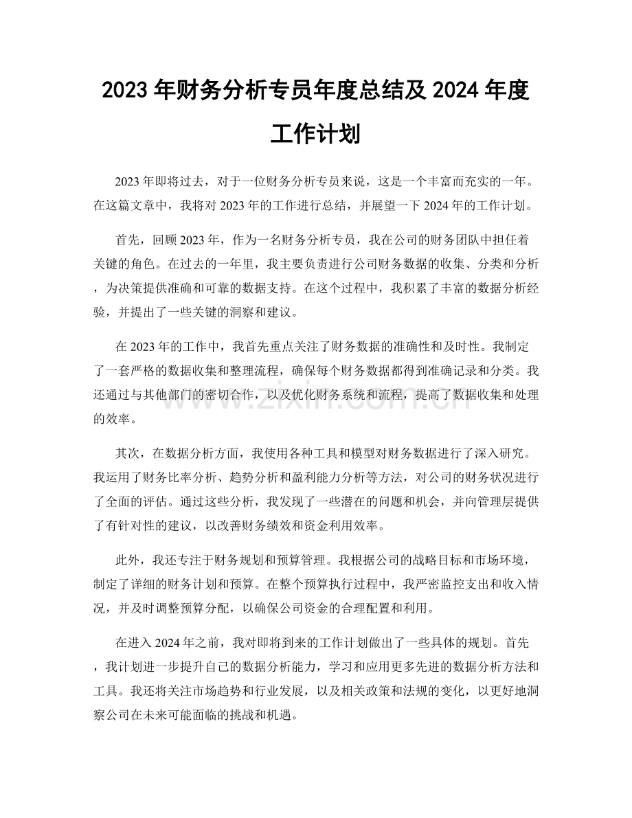 2023年财务分析专员年度总结及2024年度工作计划.docx_第1页