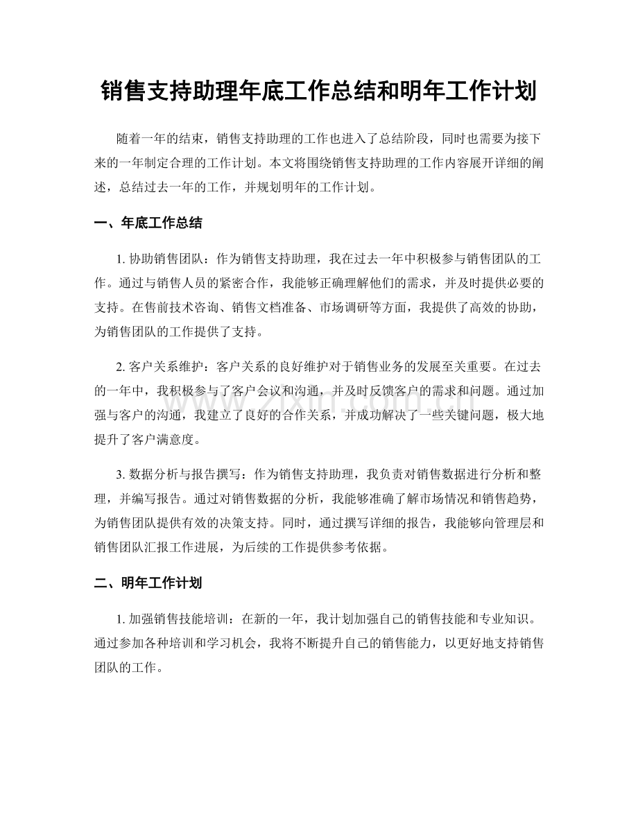 销售支持助理年底工作总结和明年工作计划.docx_第1页