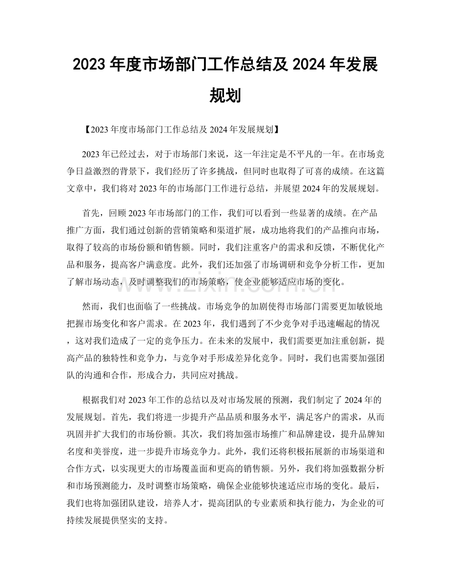 2023年度市场部门工作总结及2024年发展规划.docx_第1页