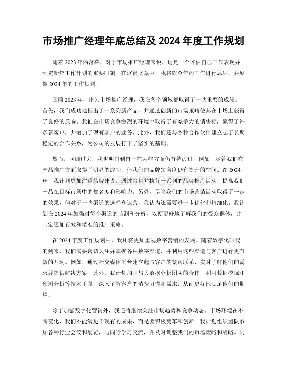 市场推广经理年底总结及2024年度工作规划.docx_第1页