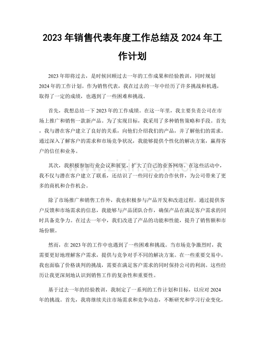 2023年销售代表年度工作总结及2024年工作计划.docx_第1页