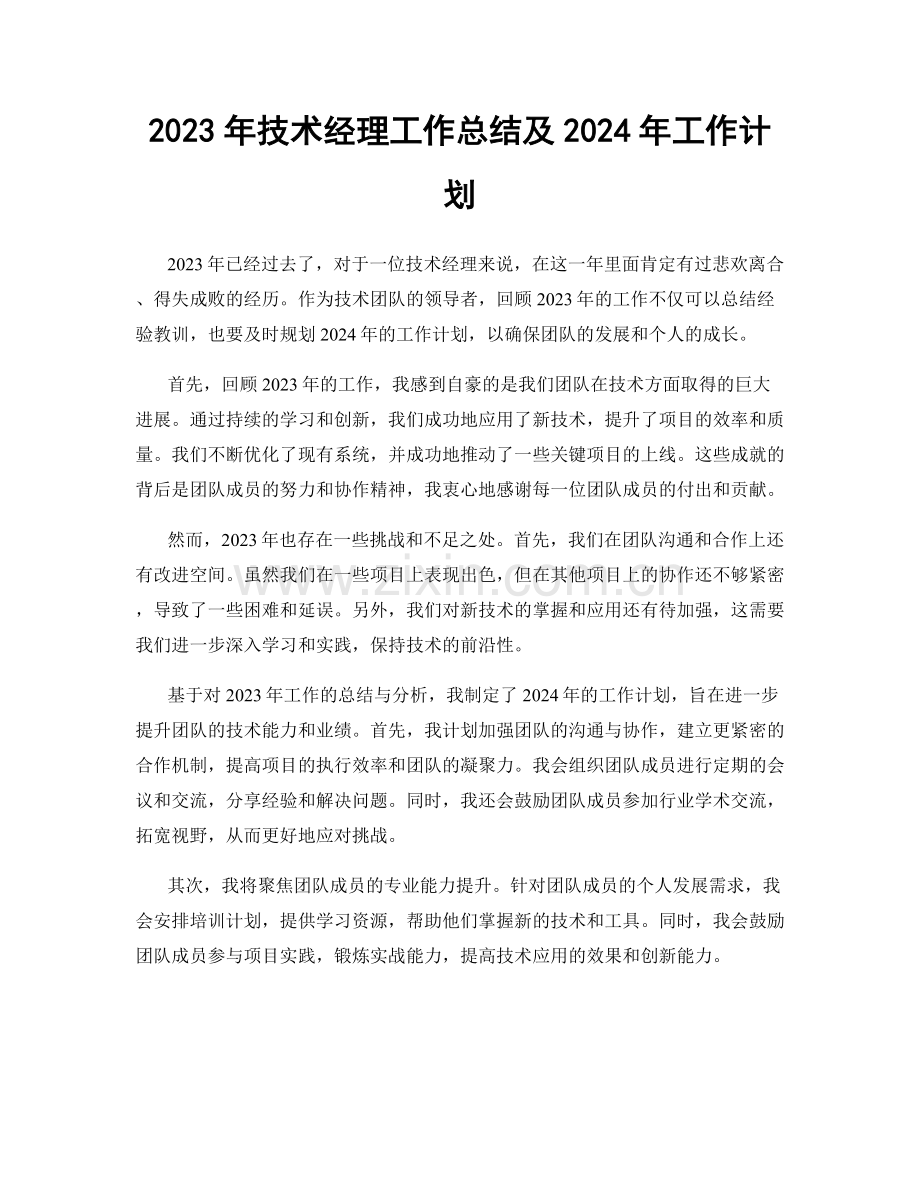 2023年技术经理工作总结及2024年工作计划.docx_第1页