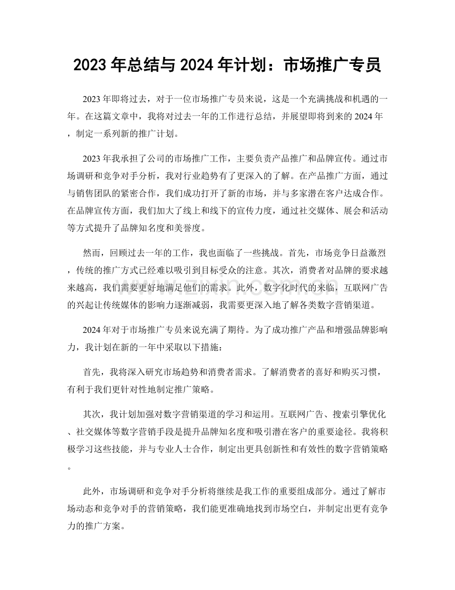 2023年总结与2024年计划：市场推广专员.docx_第1页