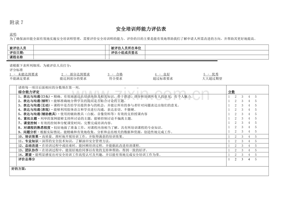 塔油健安环委字〔2008〕18号-附件-安全培训师能力评估表.doc_第1页