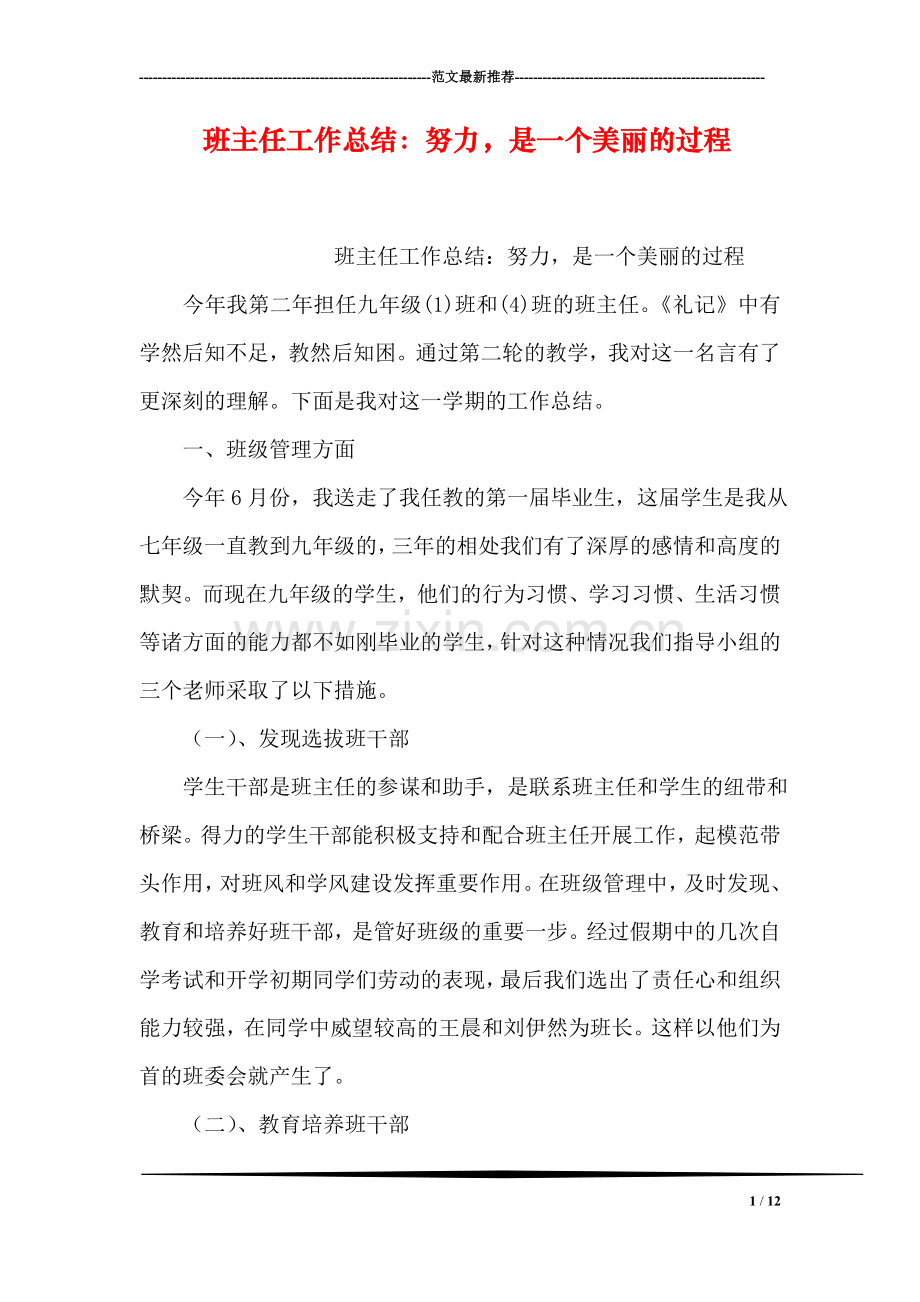 班主任工作总结：努力-是一个美丽的过程.doc_第1页