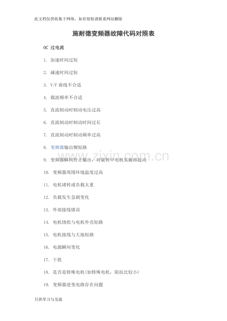 施耐德变频器故障代码对照表培训课件.doc_第1页
