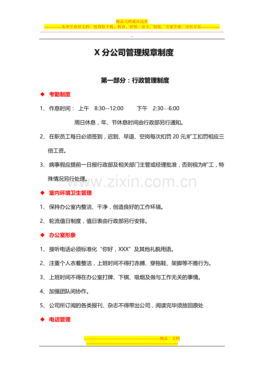 X分公司管理规章制度.doc_第1页