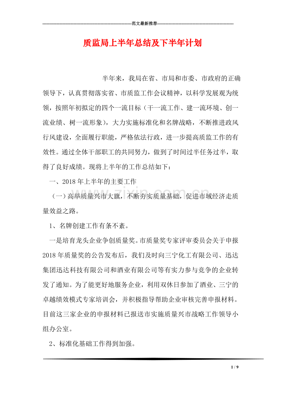 质监局上半年总结及下半年计划.doc_第1页