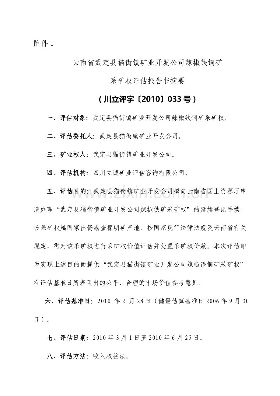 云南省武定县猫街镇矿业开发公司辣椒铁铜矿采矿权评估报告书摘要(川立评字〔2010〕033号).doc_第1页