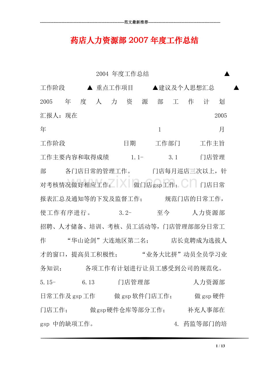 药店人力资源部度工作总结.doc_第1页