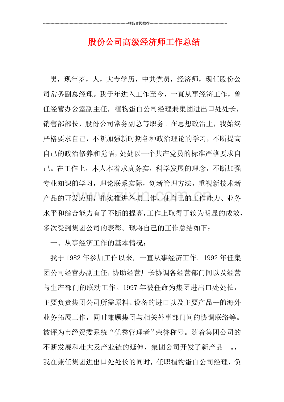 股份公司高级经济师工作总结.doc_第1页