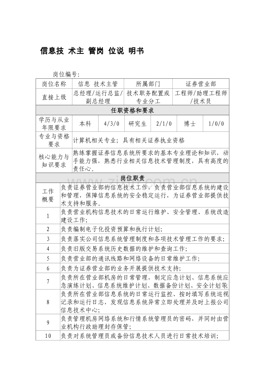 信息技术主管岗位职责说明书.doc_第1页