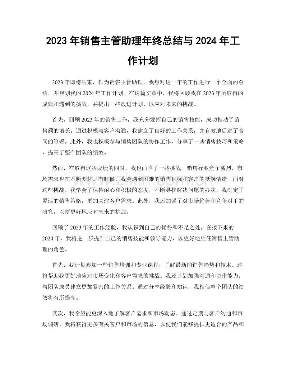 2023年销售主管助理年终总结与2024年工作计划.docx_第1页