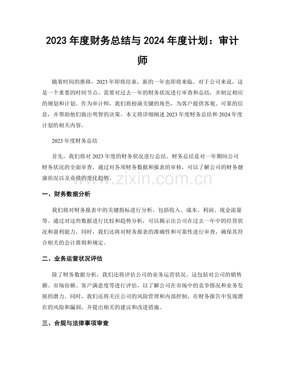 2023年度财务总结与2024年度计划：审计师.docx_第1页