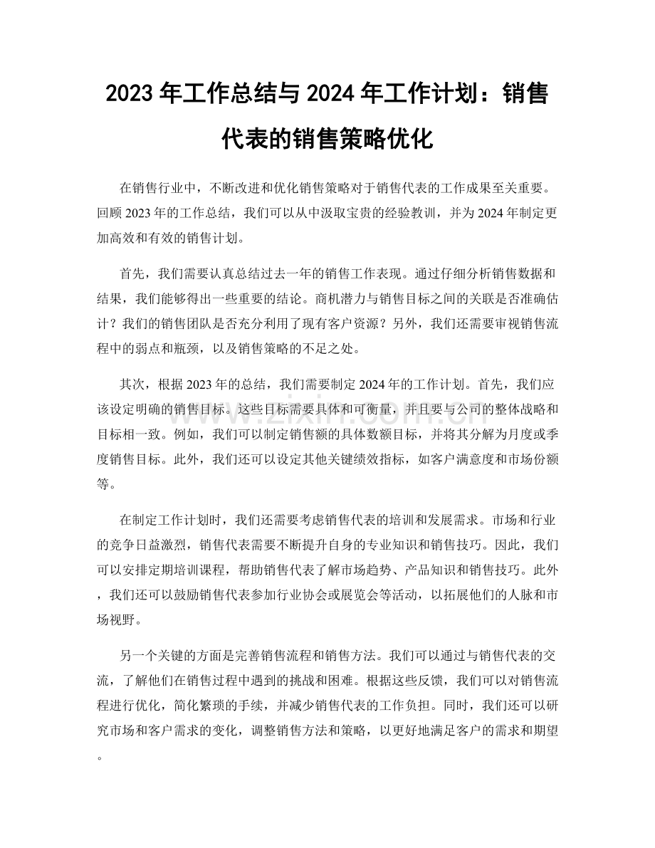 2023年工作总结与2024年工作计划：销售代表的销售策略优化.docx_第1页