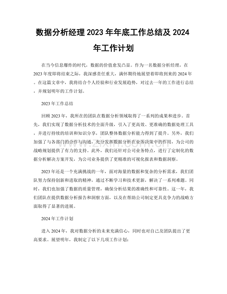 数据分析经理2023年年底工作总结及2024年工作计划.docx_第1页