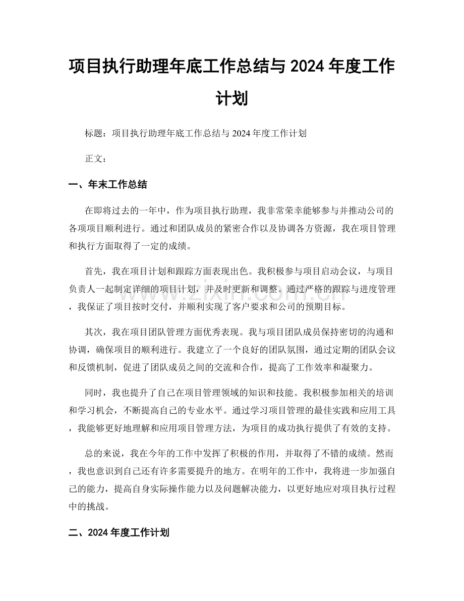 项目执行助理年底工作总结与2024年度工作计划.docx_第1页