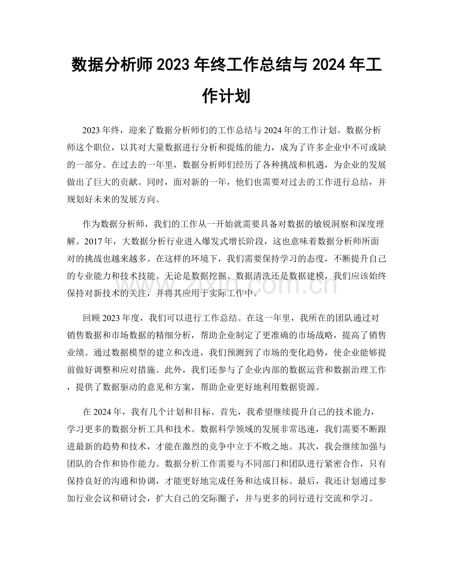 数据分析师2023年终工作总结与2024年工作计划.docx_第1页