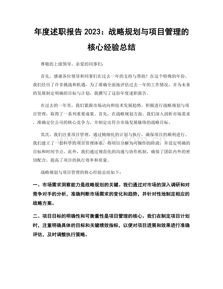 年度述职报告2023：战略规划与项目管理的核心经验总结.docx_第1页
