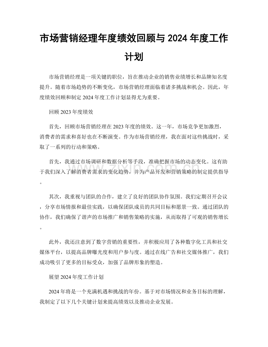 市场营销经理年度绩效回顾与2024年度工作计划.docx_第1页