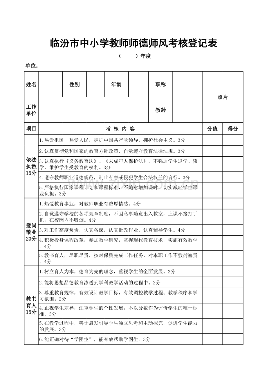 师德师风考核表(2016年用此表).xls_第1页