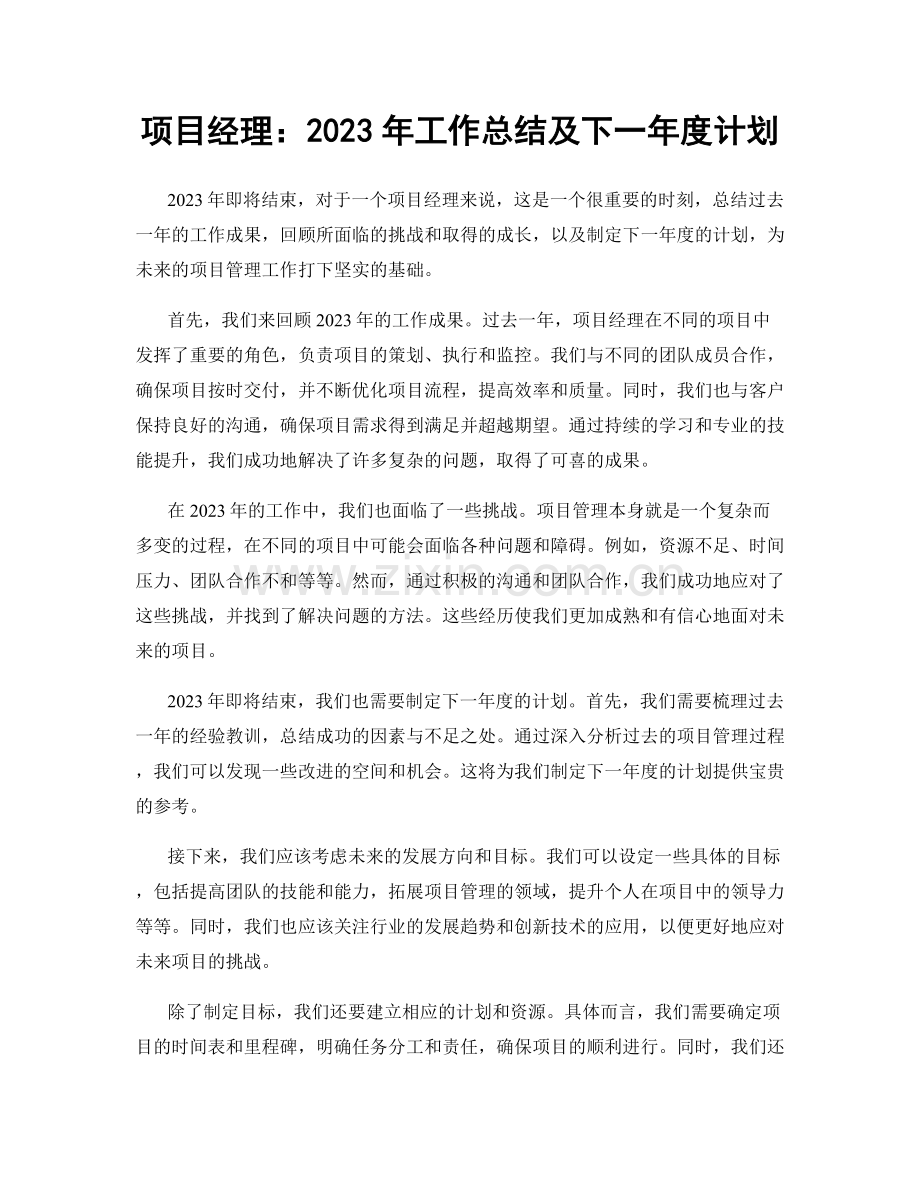 项目经理：2023年工作总结及下一年度计划.docx_第1页
