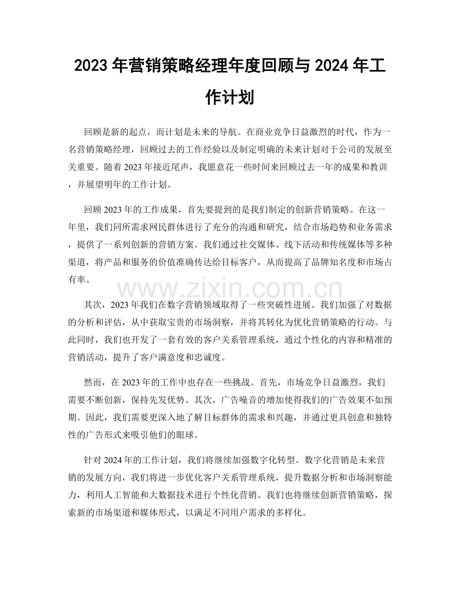 2023年营销策略经理年度回顾与2024年工作计划.docx_第1页
