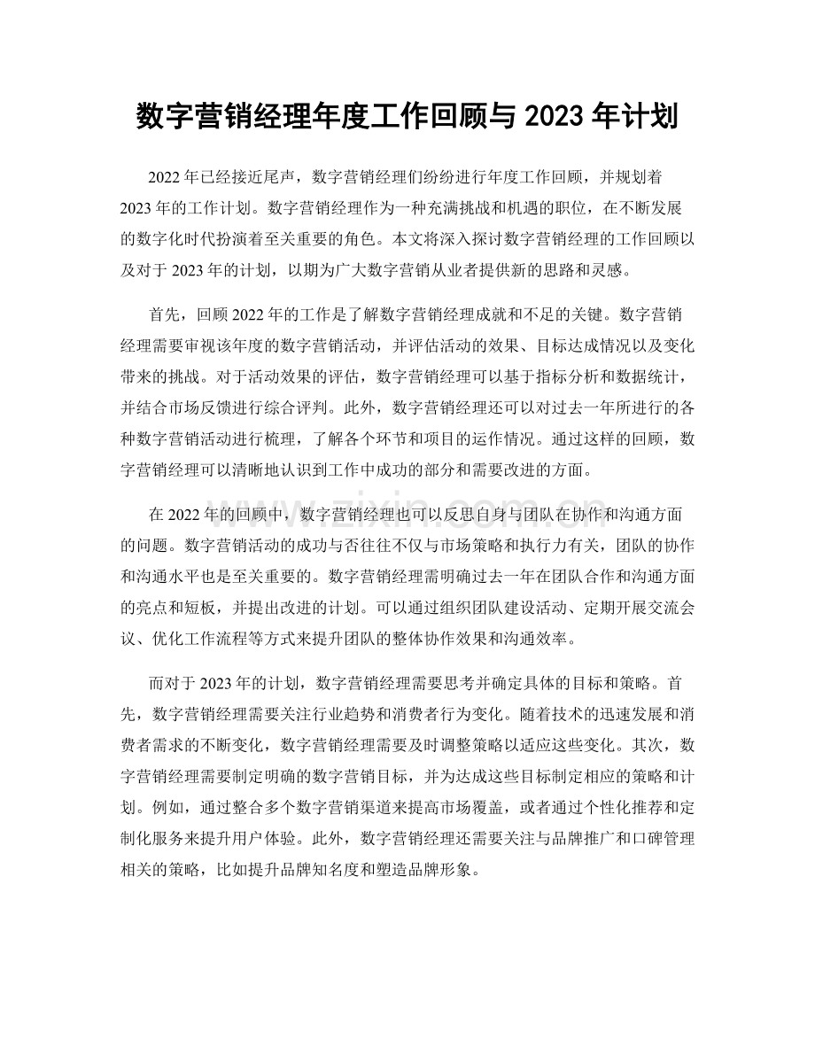 数字营销经理年度工作回顾与2023年计划.docx_第1页
