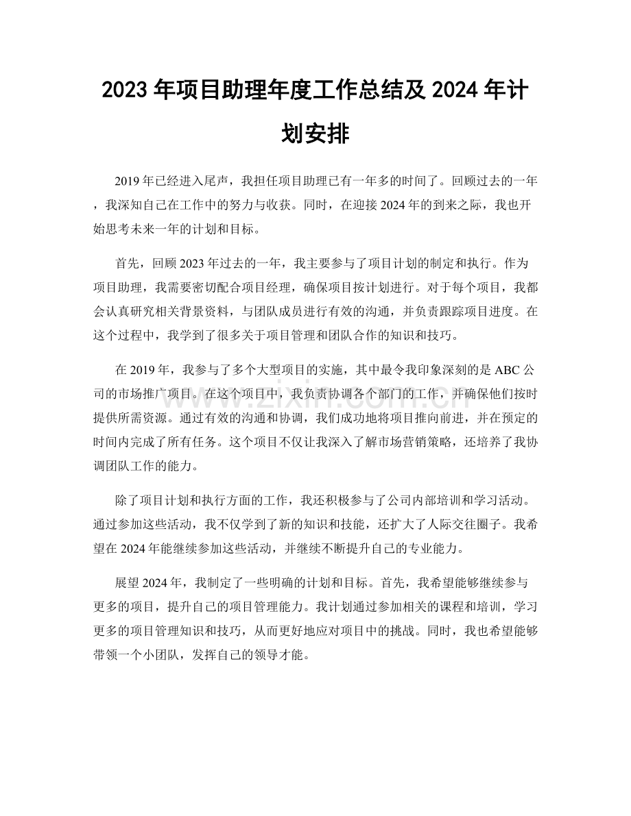 2023年项目助理年度工作总结及2024年计划安排.docx_第1页