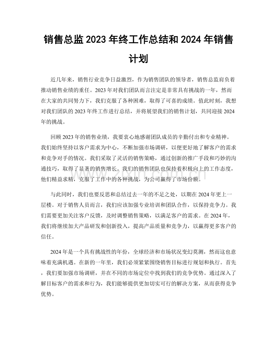 销售总监2023年终工作总结和2024年销售计划.docx_第1页